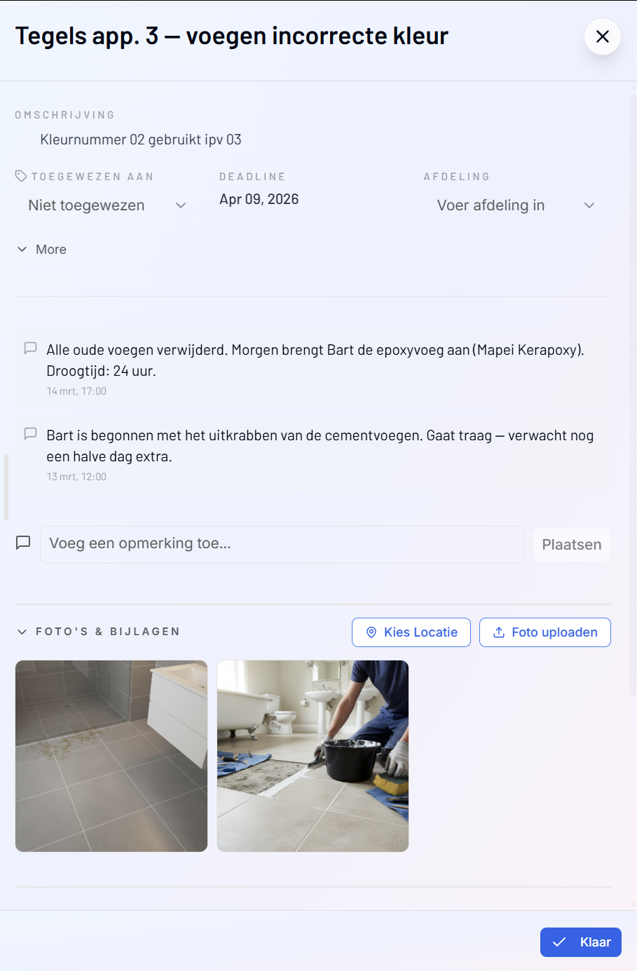 SiteWhiz taakdetail weergave met status en opmerkingen
